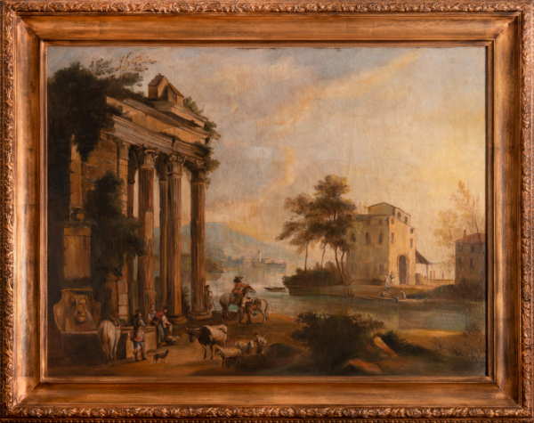 DIPINTO OLIO SU TELA "PAESAGGIO CON CAPRICCIO ARCHITETTONICO" - EPOCA INIZIO 800 - immagine 2